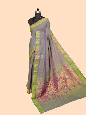 Pure Handloom Cotton Paithani Saree – Plain Golden Border