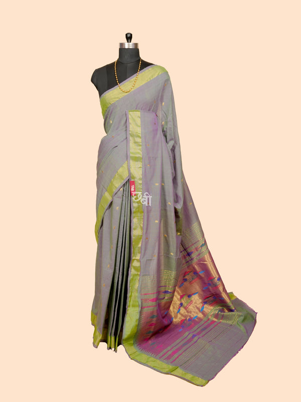 Pure Handloom Cotton Paithani Saree – Plain Golden Border