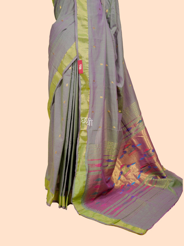 Pure Handloom Cotton Paithani Saree – Plain Golden Border