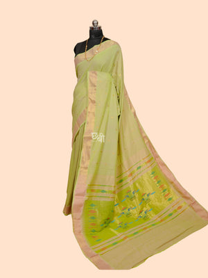 Pure Handloom Cotton Paithani Saree – Plain Golden Border