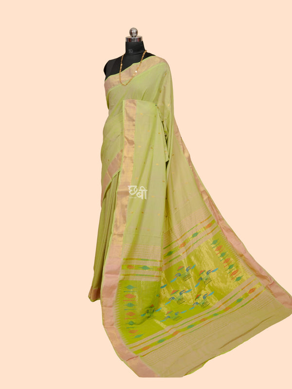 Pure Handloom Cotton Paithani Saree – Plain Golden Border