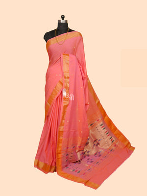 Pure Handloom Cotton Paithani Saree – Plain Golden Border