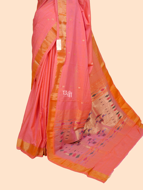 Pure Handloom Cotton Paithani Saree – Plain Golden Border