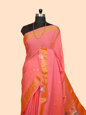 Pure Handloom Cotton Paithani Saree – Plain Golden Border