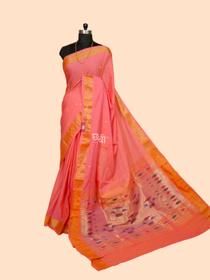 Pure Handloom Cotton Paithani Saree – Plain Golden Border