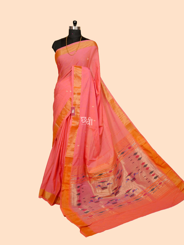 Pure Handloom Cotton Paithani Saree – Plain Golden Border