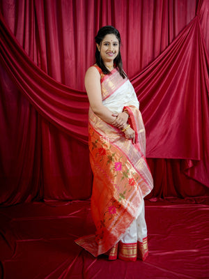 Chandrakala White Paithani – Pure Silk Handloom