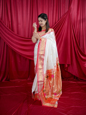 Chandrakala White Paithani – Pure Silk Handloom