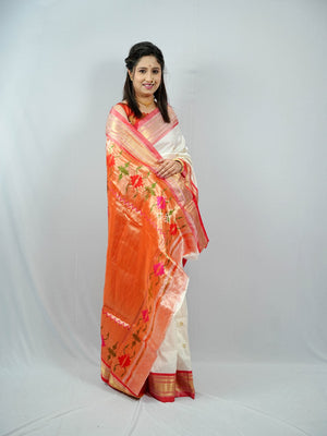 Chandrakala White Paithani – Pure Silk Handloom